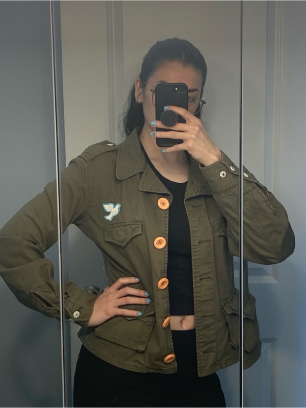Olive Green Military Jacket with Orange Buttons